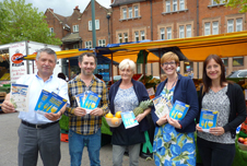 Cllr Salih Gaygusuz, Mayor of St Albans City and District, with Steering Group members: Oliver Zissmann, That Design Store; Helen from Groome’s Grocer’s Stall; Helen Burridge, Community Engagement Officer; Becky Alexander, Food Writer, Herts Advertiser