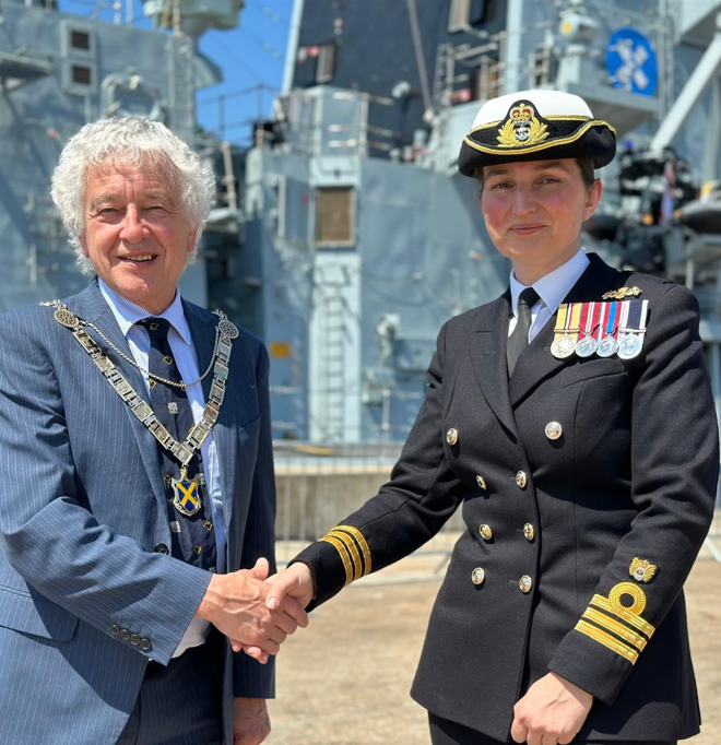 Mayor Anthony Rowlands with HMS St Albans' Commanding Officer, Commander Helen Coxon