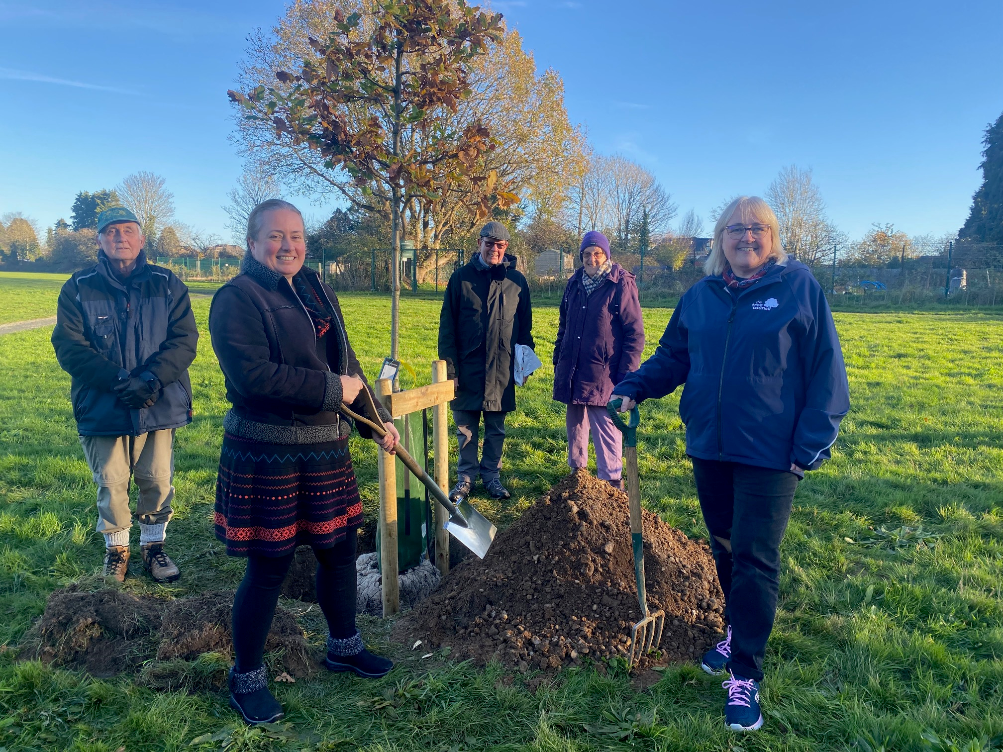 From the left, Cllr Jacqui Taylor and Sam Village at the front with spade and fork with Cunningham Tree Wardens Anthony Helm, David Blackburn and Marjorie Stevens