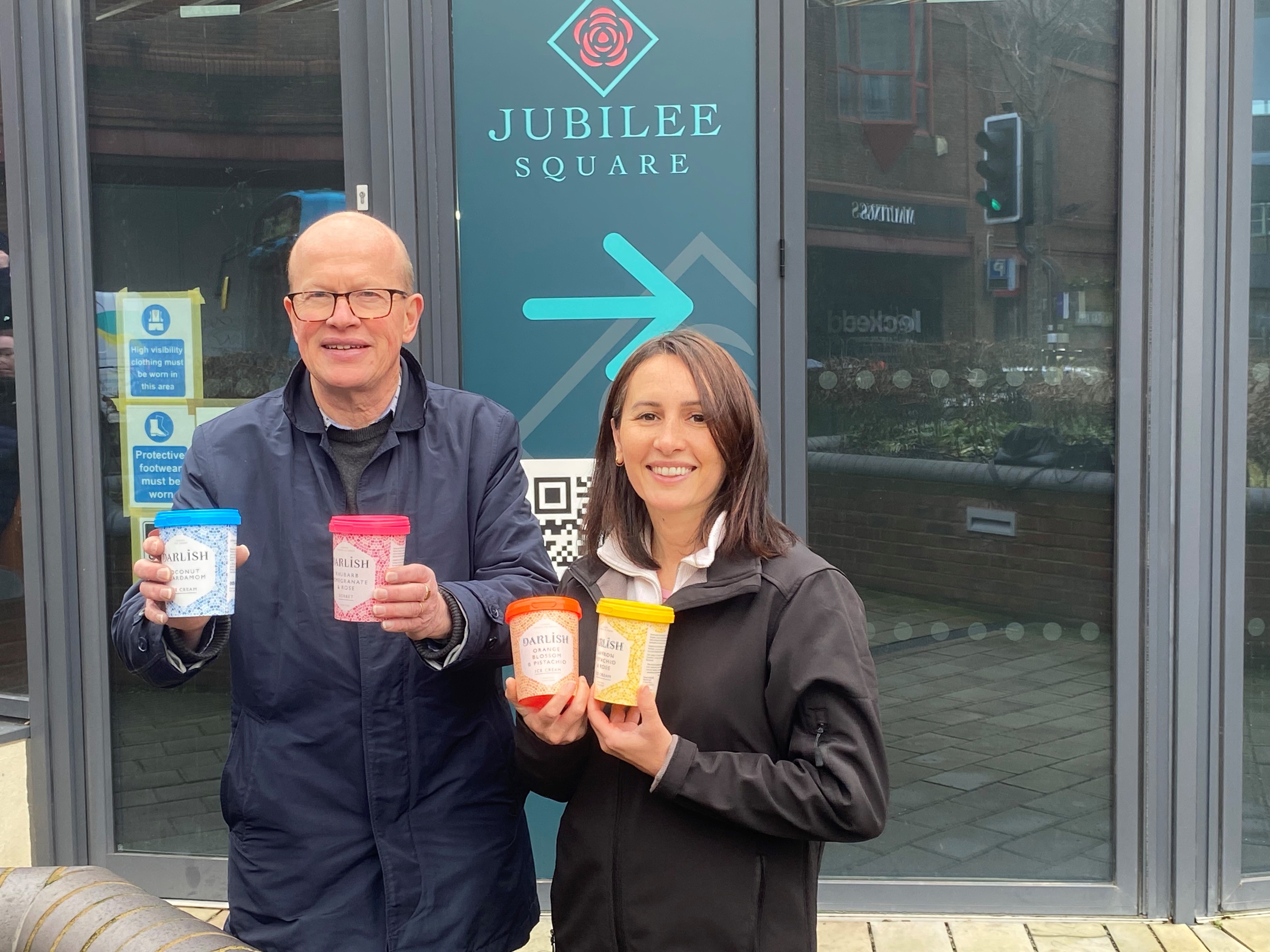 Cllr Paul de Kort with Darlish ice cream founder Laura Dawson