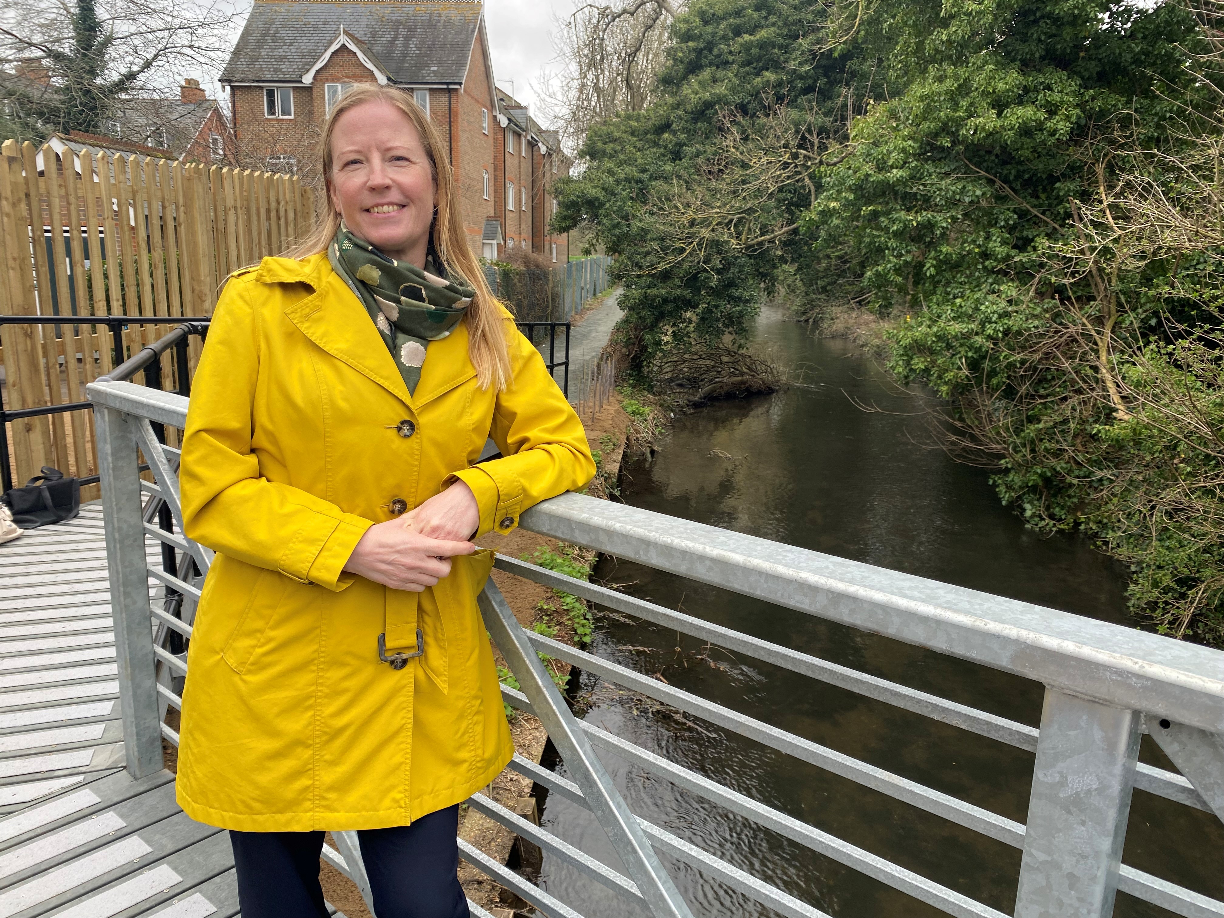 Cllr Helen Campbell inspects the new Ver Trail pedestrian bridge.