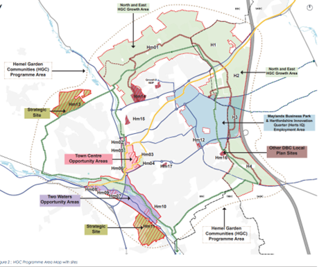 Map showing Hemel Garden Communities Area with sites