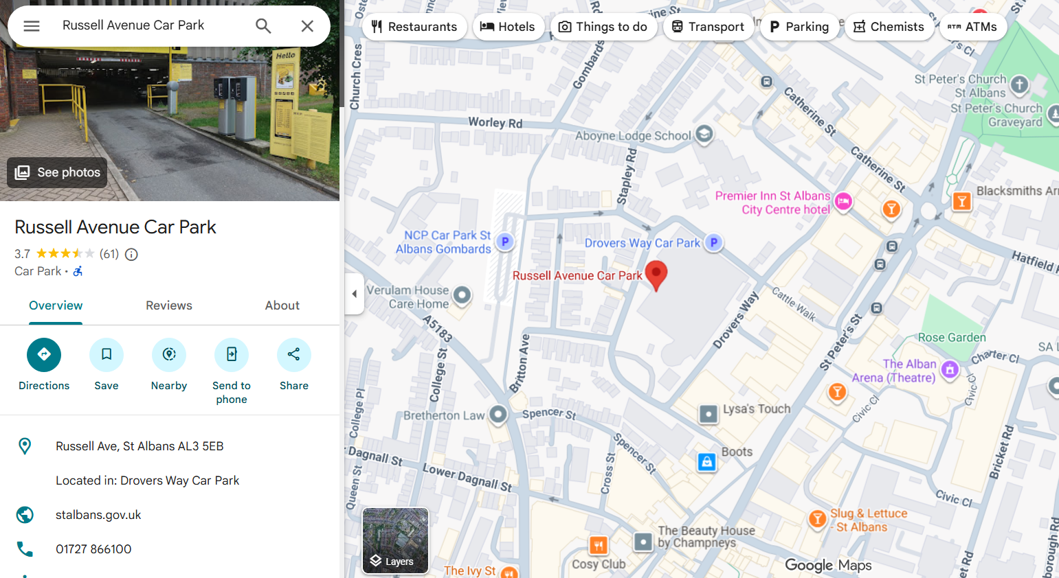https://www.google.com/maps/place/Russell+Avenue+Car+Park/@51.7540366,-0.3395722,17z/data=!3m1!4b1!4m6!3m5!1s0x48763f2430d50817:0xe5f348db0175920!8m2!3d51.7540366!4d-0.3395722!16s%2Fg%2F1tpf6mgr?entry=ttu&g_ep=EgoyMDI1MTAyMi4wIKXMDSoASAFQAw%3D%3D