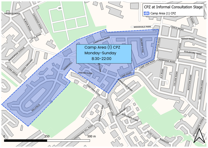 Map showing the proposed Camp Area 1 CPZ (Monday to Sunday, 8:30-22:00) at Informal Consultation Stage. The highlighted area extends from Dellfield in the Southwest to Valerie Close in the Northeast, covering Hawkshill, Dexter Close, Campfield Road and Camp Road.