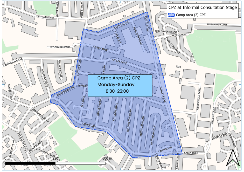 Map showing the proposed Camp Area 2 CPZ (Monday to Sunday, 8:30-22:00) at Informal Consultation Stage. The highlighted area extends from Castle Road in the north to Camp Road in the south, and from Camp View Road in the west to Ashley Road in the east. The area covers Cape Road, Burleigh Road, Coach Mews, Hedley Road, Sutton Road, Maxwell Road, Cambridge Road, Ely Road, College Road, Royston Road, Wellington Road, Beresford Road and Oxford Avenue.