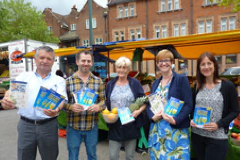 Cllr Salih Gaygusuz, Mayor of St Albans City and District, with Steering Group members: Oliver Zissmann, That Design Store; Helen from Groome’s Grocer’s Stall; Helen Burridge, Community Engagement Officer; Becky Alexander, Food Writer, Herts Advertiser