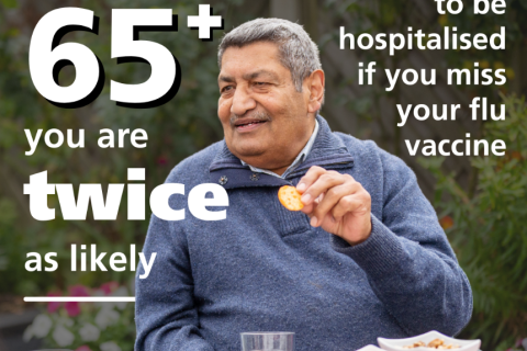 Image promoting the flu vaccine, especially for older people.