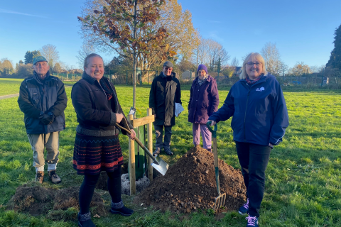 From the left, Cllr Jacqui Taylor and Sam Village at the front with spade and fork with Cunningham Tree Wardens Anthony Helm, David Blackburn and Marjorie Stevens