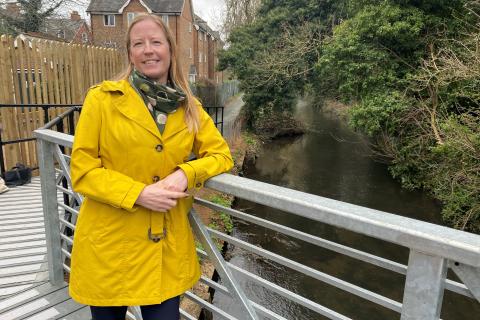 Cllr Helen Campbell inspects the new Ver Trail pedestrian bridge.