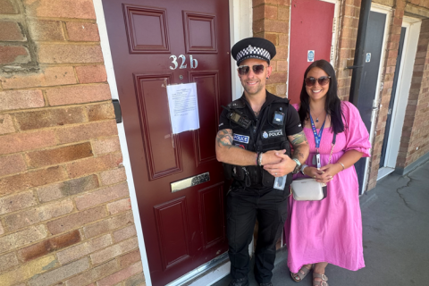 PC Ben Kirby from Herts Constabulary with the Council's Anti-Social Behaviour Officer Carmel Sheringham-Ford serving the Closure Order